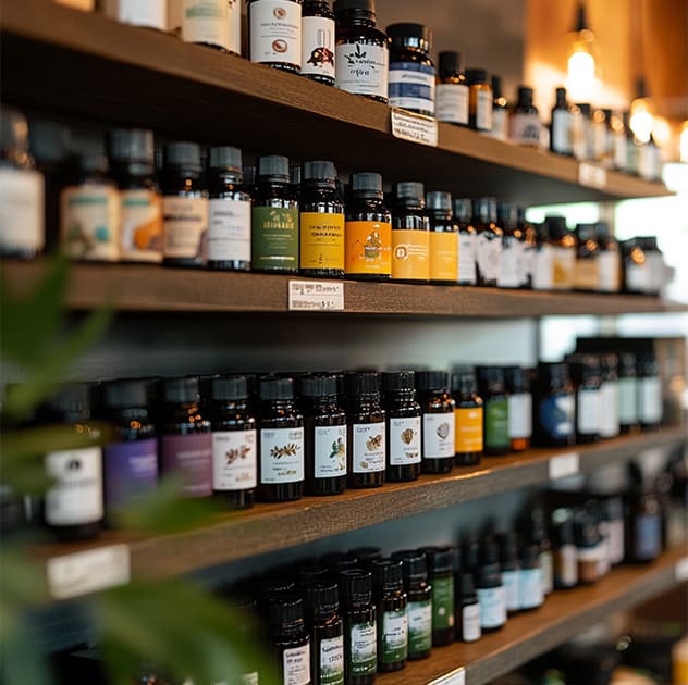 Rows of CBD tincture bottles in amber and dark glass with colorful labels displayed on wooden retail store shelves