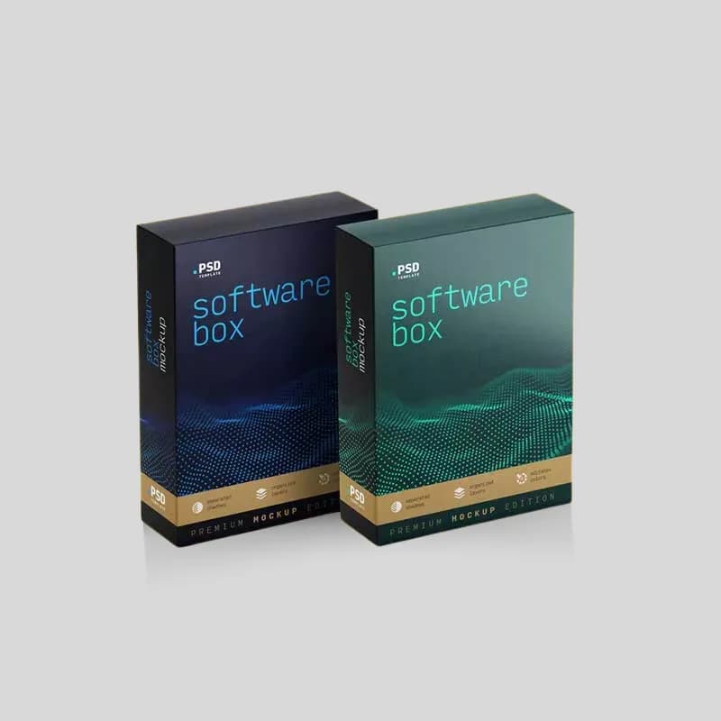 Custom printed software boxes with branded retail graphics and protective paperboard structure